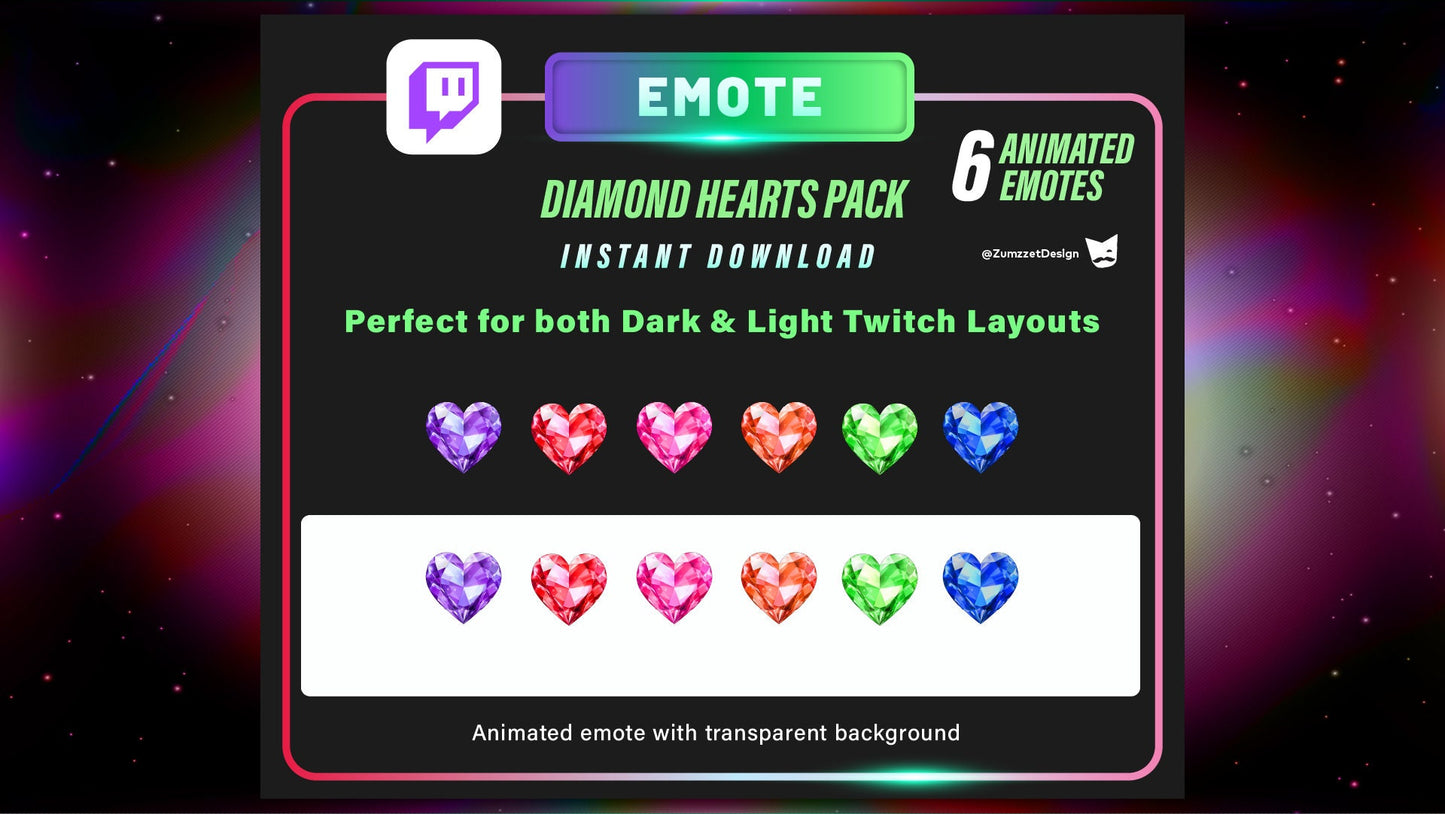 ANIMATED Diamond Heart Pack for Twitch, Streamer, Gaming, Streaming, Stream Emotes, Love Emote, Valentines Emote, Neon Emote