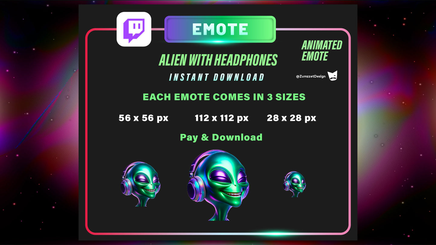 ANIMATED Neon Alien DJ Emote for Twitch, Streamer, Gaming, Streaming, Stream Emotes, Gamer Emote, Headphones Emote