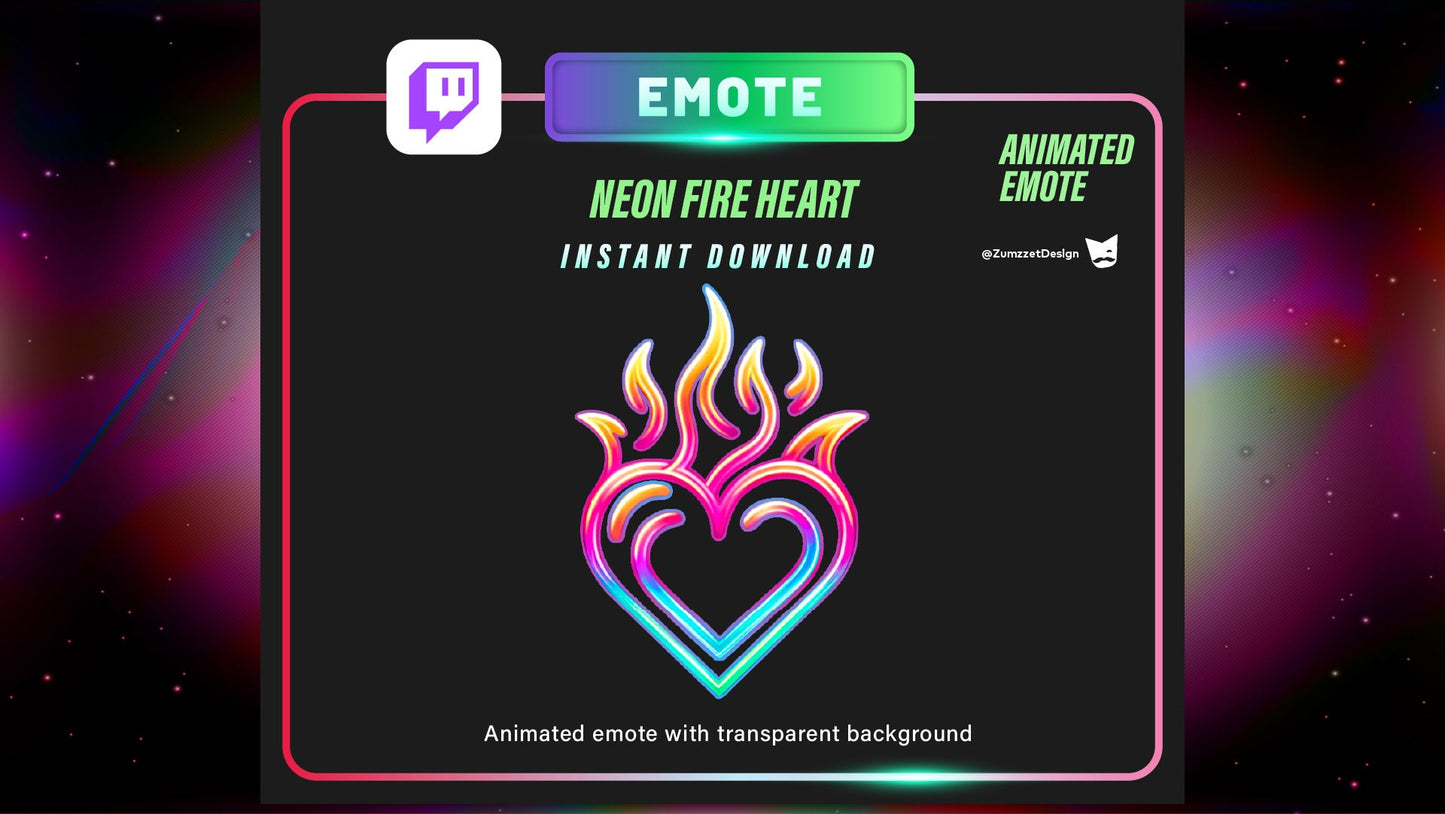 ANIMATED Neon Heart on Fire Emote for Twitch, Streamer, Gaming, Streaming, Stream Emotes, Love Emote