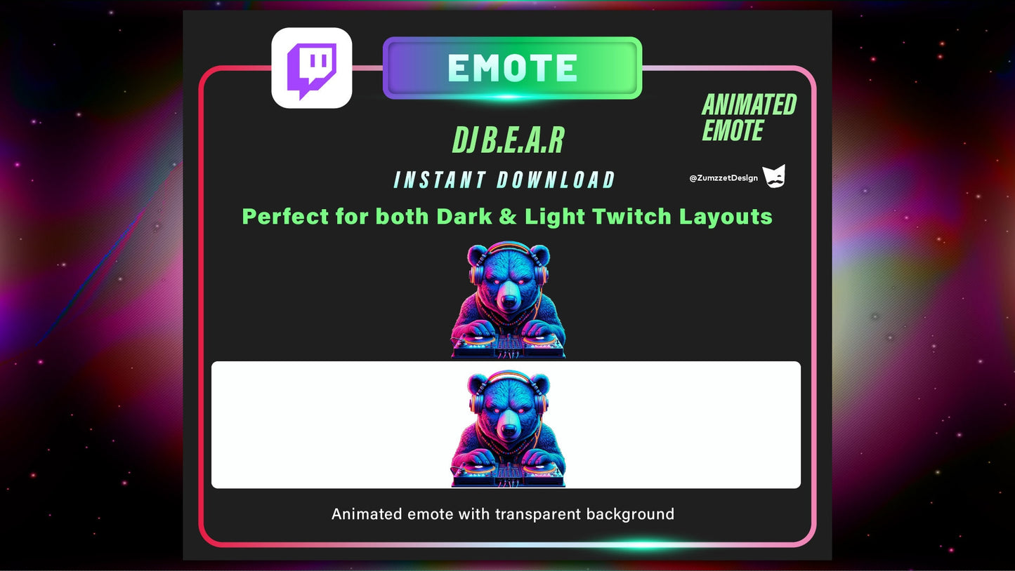 ANIMATED Neon DJ Bear Emote for Twitch, Streamer, Gaming, Streaming, Stream Emotes, Gamer Emote, Glowing Emote