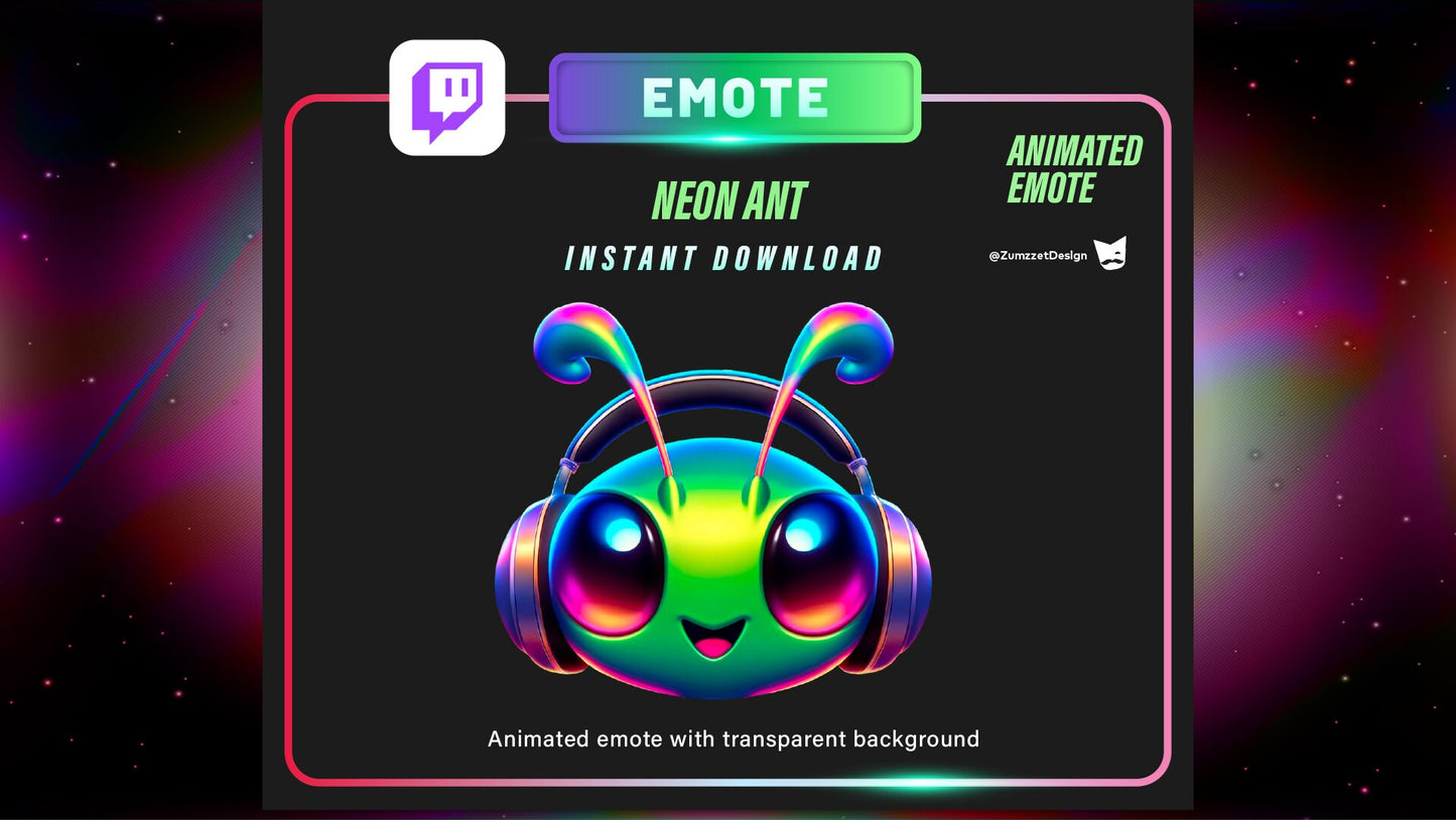 ANIMATED Neon Ant Emote for Twitch, Streamer, Gaming, Streaming, Stream Emotes, Gamer Emote, Glowing Emote, Rave Emotes