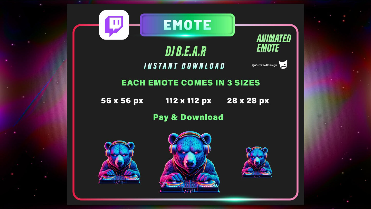 ANIMATED Neon DJ Bear Emote for Twitch, Streamer, Gaming, Streaming, Stream Emotes, Gamer Emote, Glowing Emote