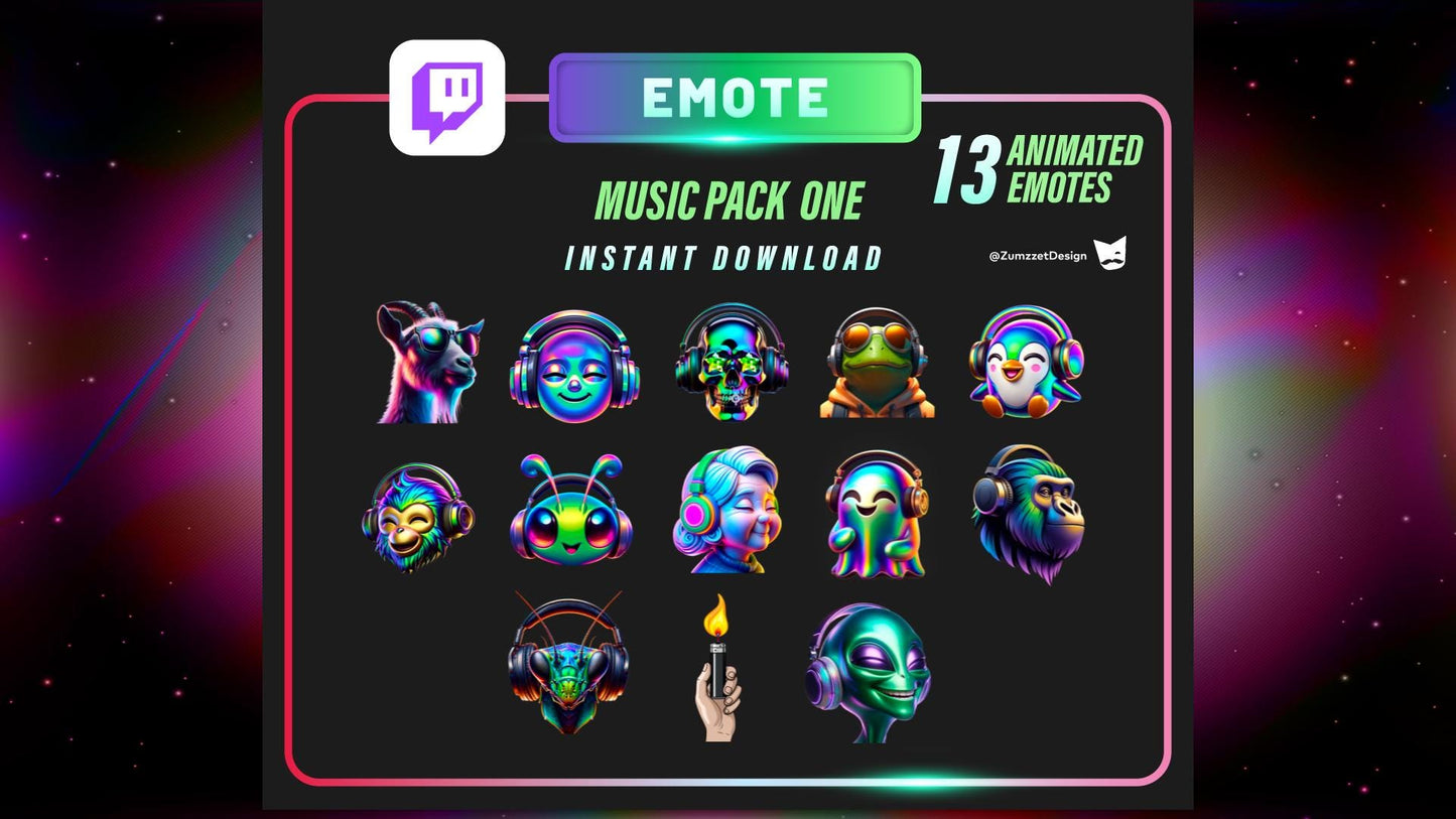 ANIMATED 13 Music Pack Emotes for Twitch, Streamer, Gaming, Streaming, Stream Emotes, Rave Emote, Music Emote, Headphones Emote