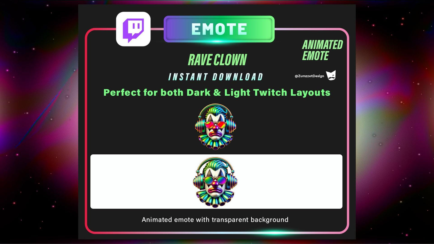 ANIMATED Neon DJ Clown Emote for Twitch, Streamer, Gaming, Streaming, Stream Emotes, Rave Emotes Emote, Glowing Emote, Party Emote