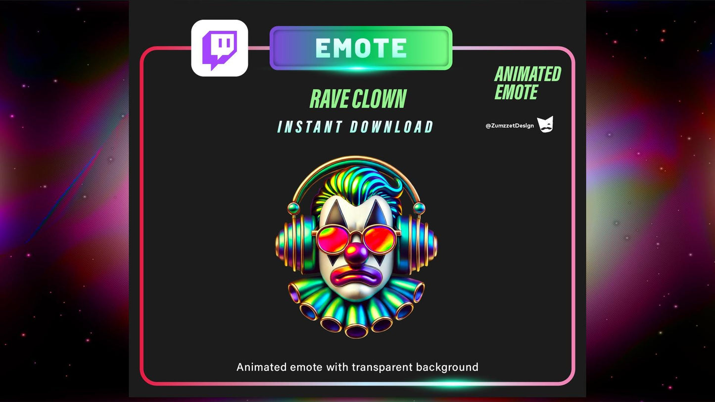 ANIMATED Neon DJ Clown Emote for Twitch, Streamer, Gaming, Streaming, Stream Emotes, Rave Emotes Emote, Glowing Emote, Party Emote