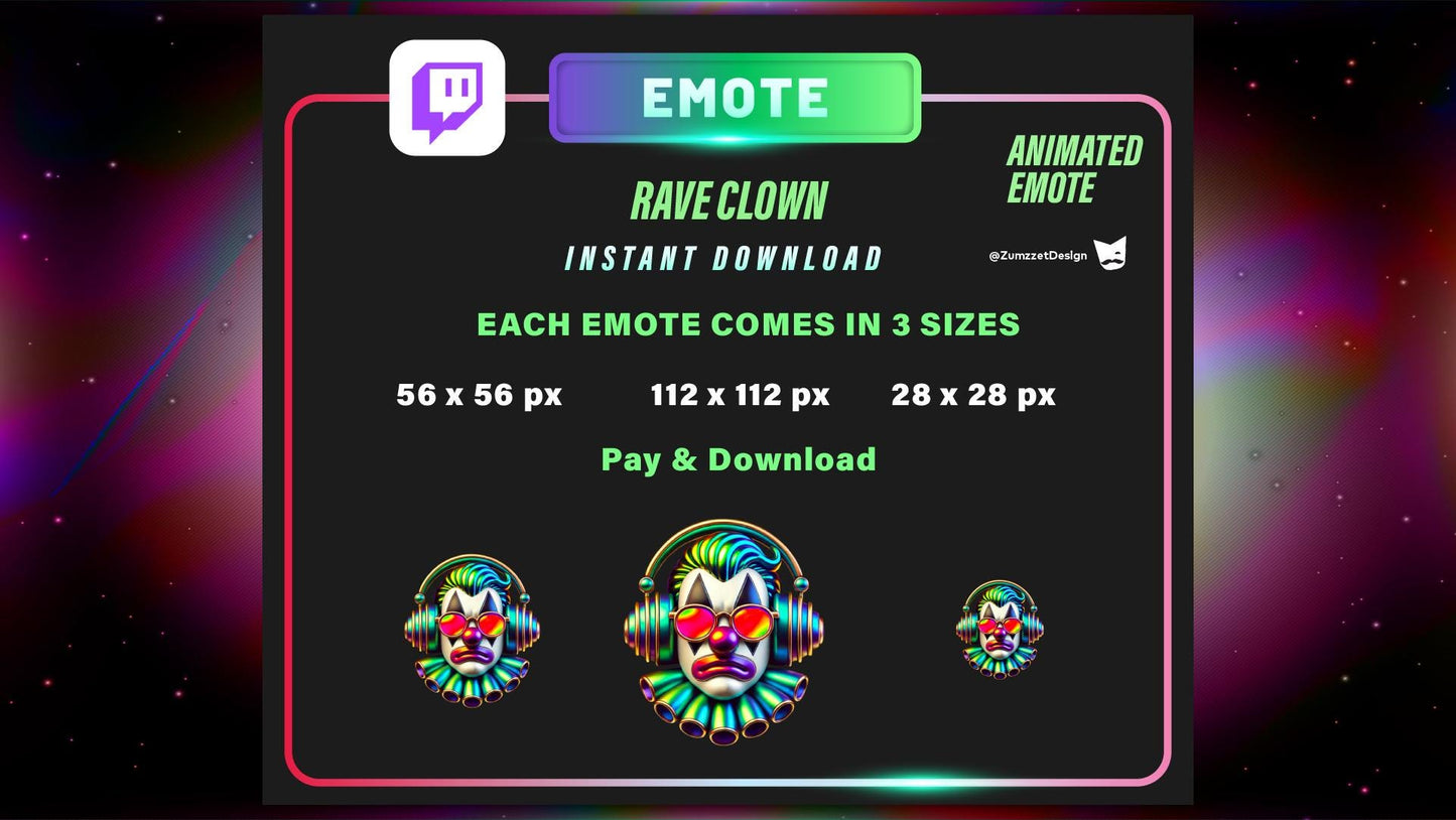 ANIMATED Neon DJ Clown Emote for Twitch, Streamer, Gaming, Streaming, Stream Emotes, Rave Emotes Emote, Glowing Emote, Party Emote