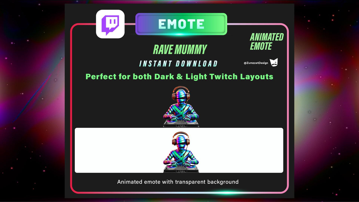 ANIMATED DJ Neon Rave Mummy Emote for Twitch, Streamer, Halloween Emote, Spooky Emotes, Stream Emotes, Gamer Emote, Music Emotes