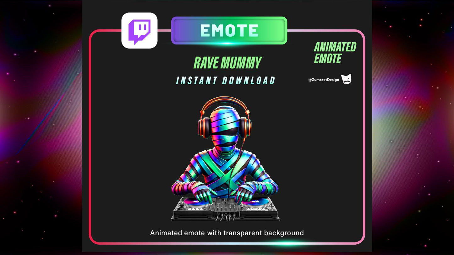 ANIMATED DJ Neon Rave Mummy Emote for Twitch, Streamer, Halloween Emote, Spooky Emotes, Stream Emotes, Gamer Emote, Music Emotes