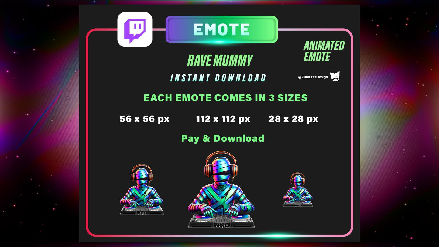 ANIMATED DJ Neon Rave Mummy Emote for Twitch, Streamer, Halloween Emote, Spooky Emotes, Stream Emotes, Gamer Emote, Music Emotes