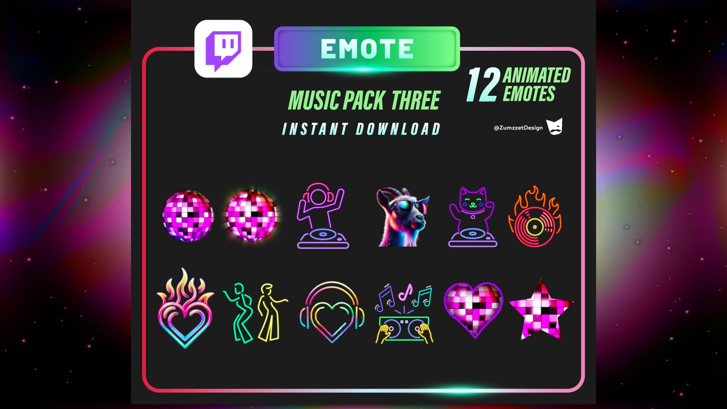 ANIMATED 12 Music Pack Emotes for Twitch, Streamer, Gaming, Streaming, Stream Emotes, Rave Emote, Music Emote, Party Emote