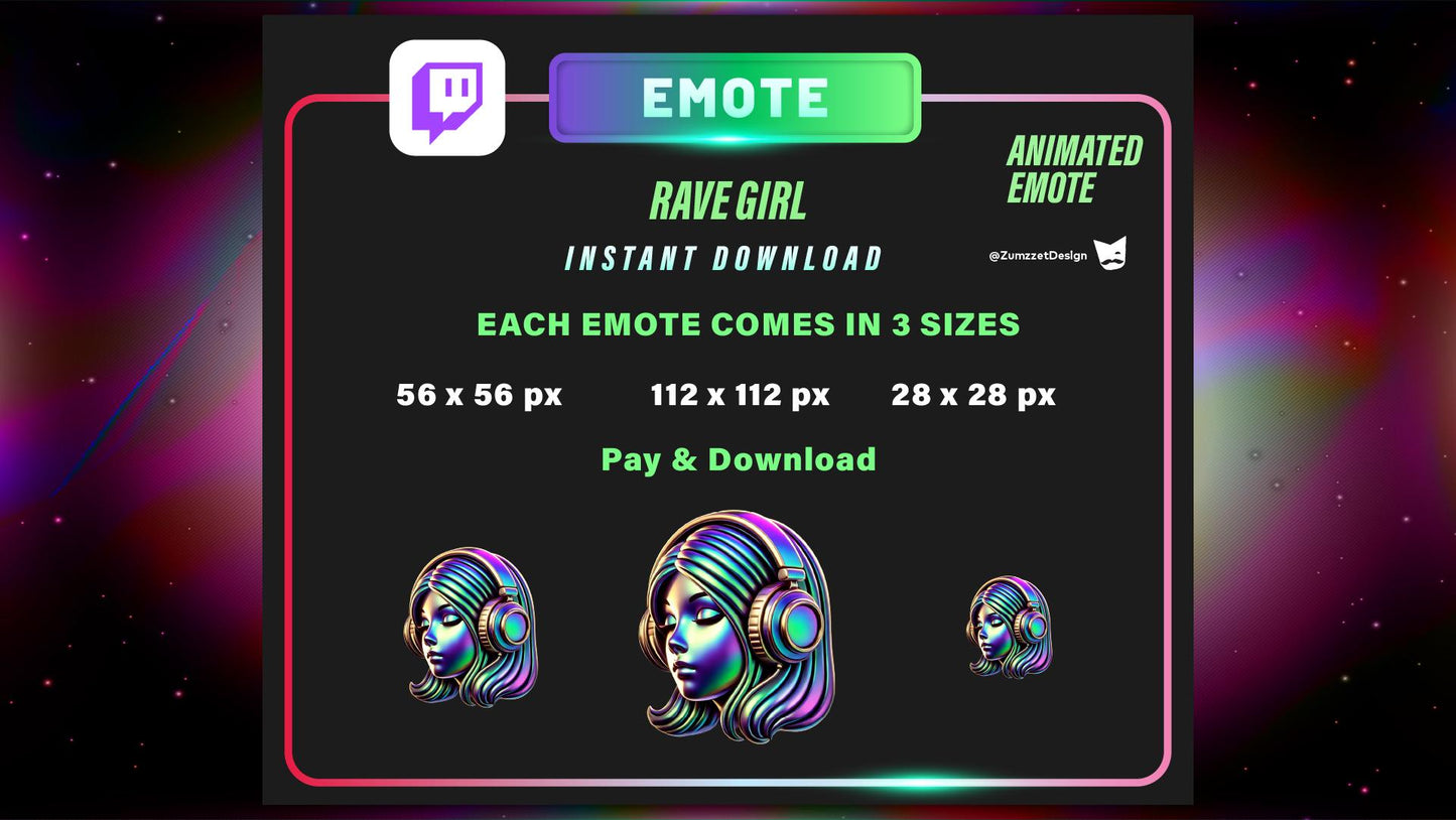 ANIMATED Neon DJ Rave Girl Emote for Twitch, Streamer, Gaming, Streaming, Stream Emotes, Gamer Emote, Glowing Emote