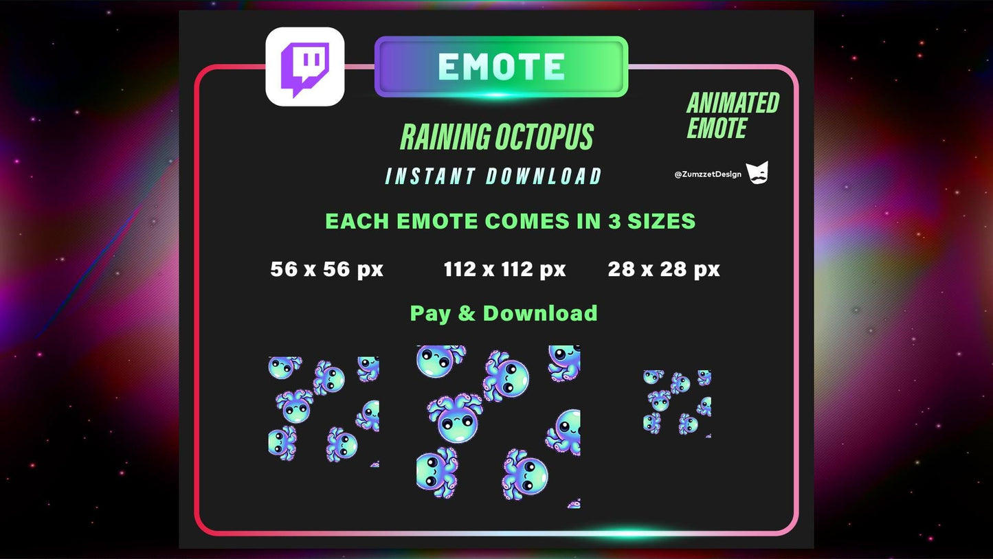 ANIMATED Raining Neon Cute Octopus Emote for Twitch, Streamer, Gaming, Streaming, Stream Emotes, Kawaii Emote, Fun Emote
