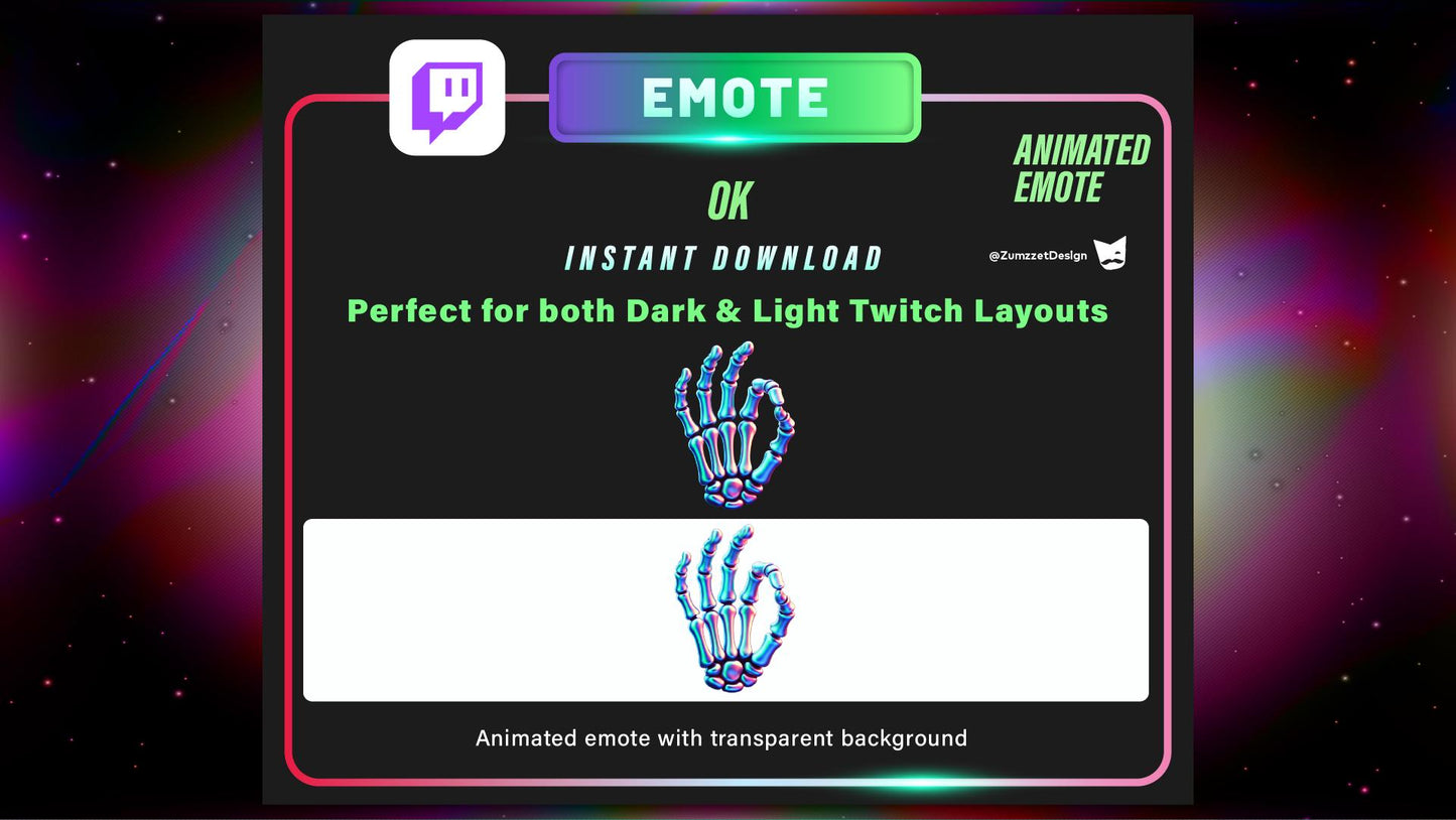 ANIMATED Skeleton OK Hand Gesture for Twitch, Horror Emote, Neon Emote, Streaming, Stream Emotes, Halloween Emote, Spooky Emote