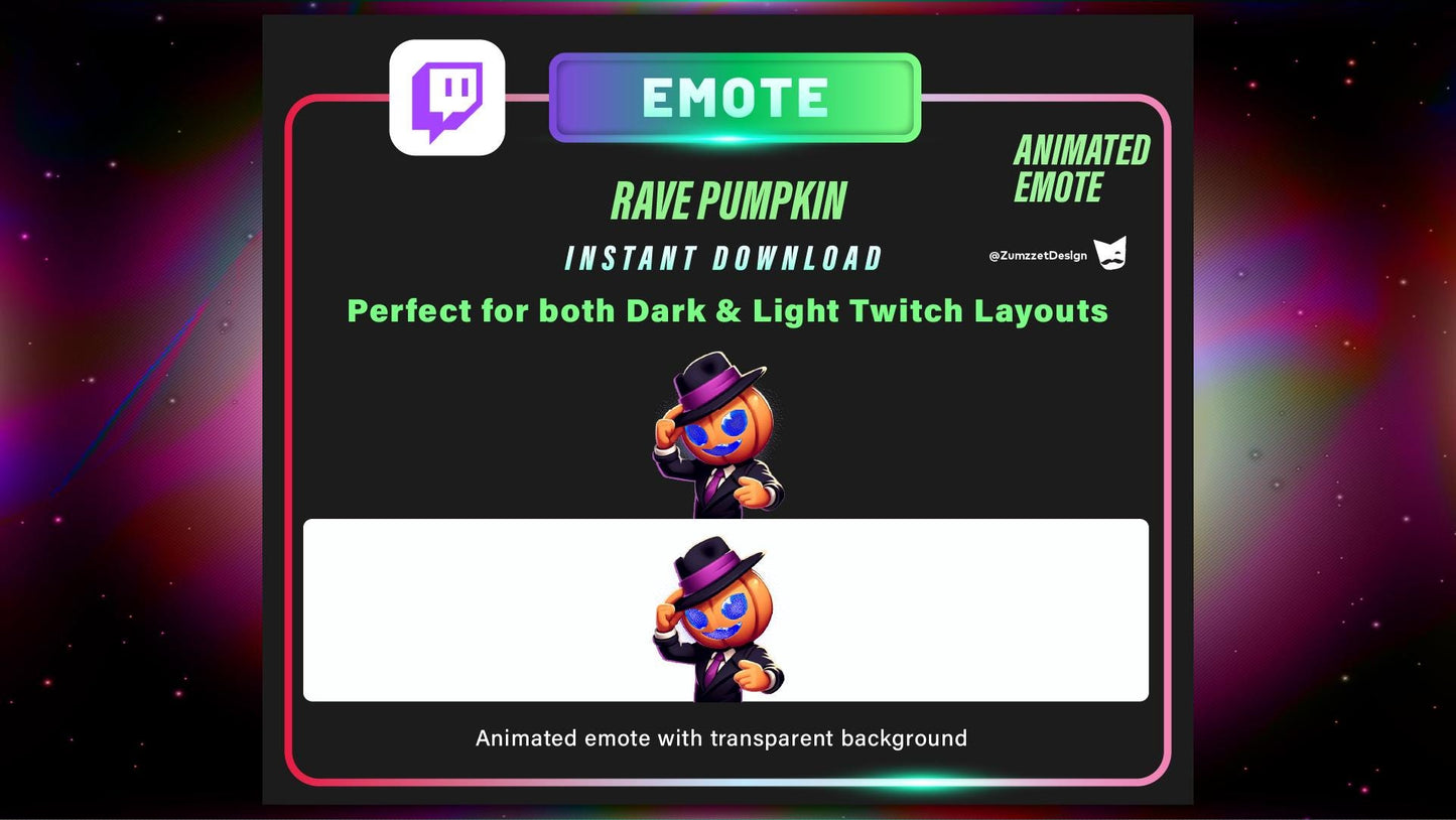 ANIMATED Rave Pumpkin Emote for Twitch, Streamer, Gaming, Streaming, Stream Emotes, Rave Emotes Emote, Glowing Emote, Halloween Emote