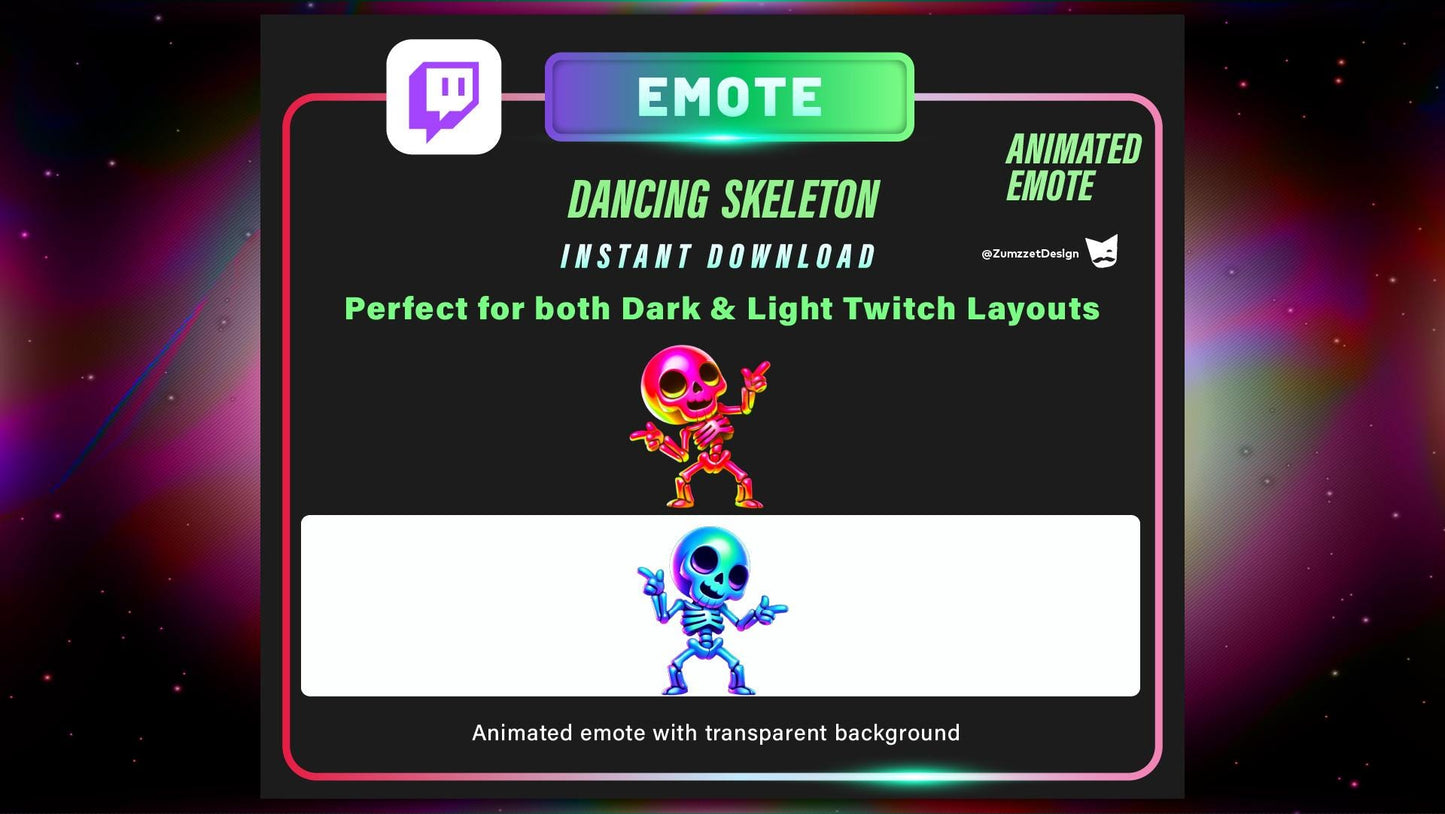 ANIMATED Rave Dancing Skeleton Emote for Twitch, Streamer, Gaming, Streaming, Stream Emotes, Glowing Emote, Music Emote