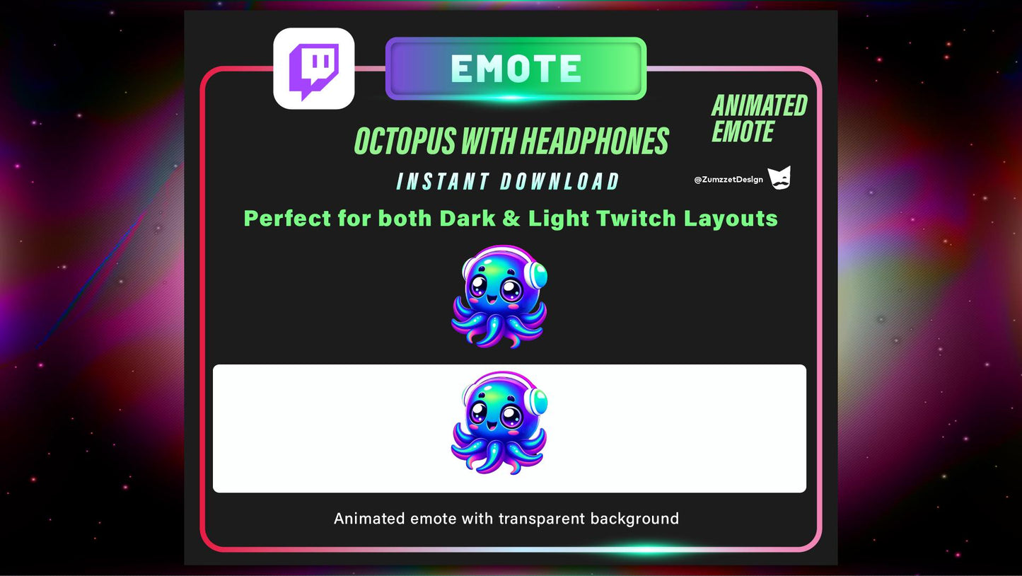 ANIMATED Neon Dj Octopus with Headphones Emote for Twitch, Streamer, Gaming, Streaming, Stream Emotes, Dancing Emote, Glowing Emote