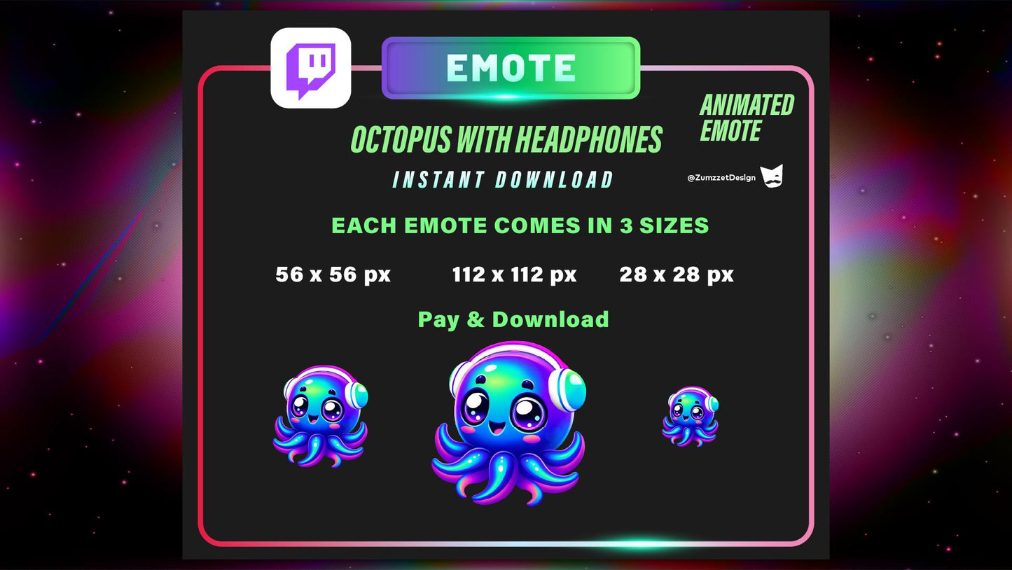 ANIMATED Neon Dj Octopus with Headphones Emote for Twitch, Streamer, Gaming, Streaming, Stream Emotes, Dancing Emote, Glowing Emote