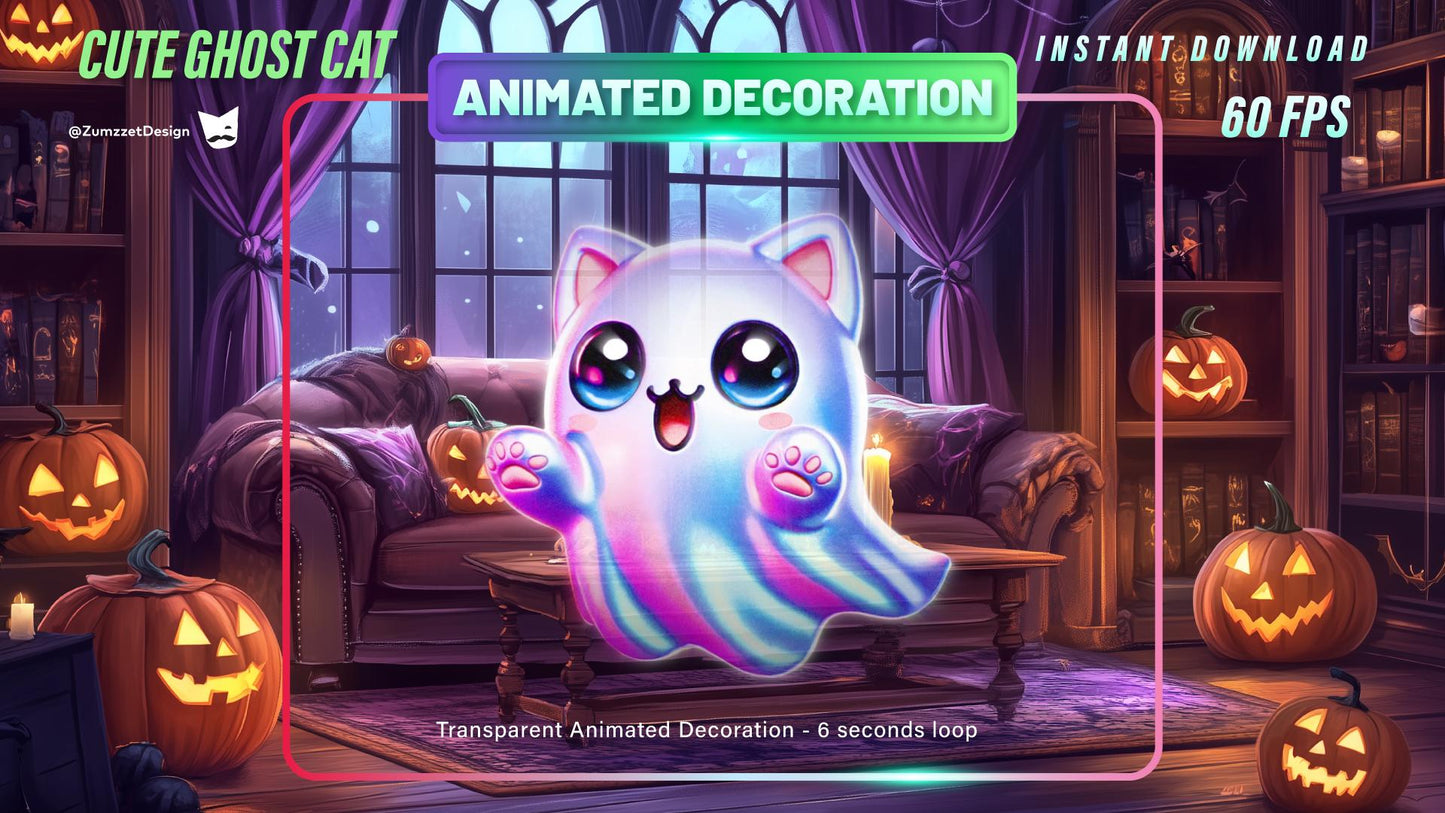 ANIMATED Transparent Ghost Cat Stream Decoration, Spooky Halloween Decoration, Cat Vtuber Decoration Overlay, Streaming Assets