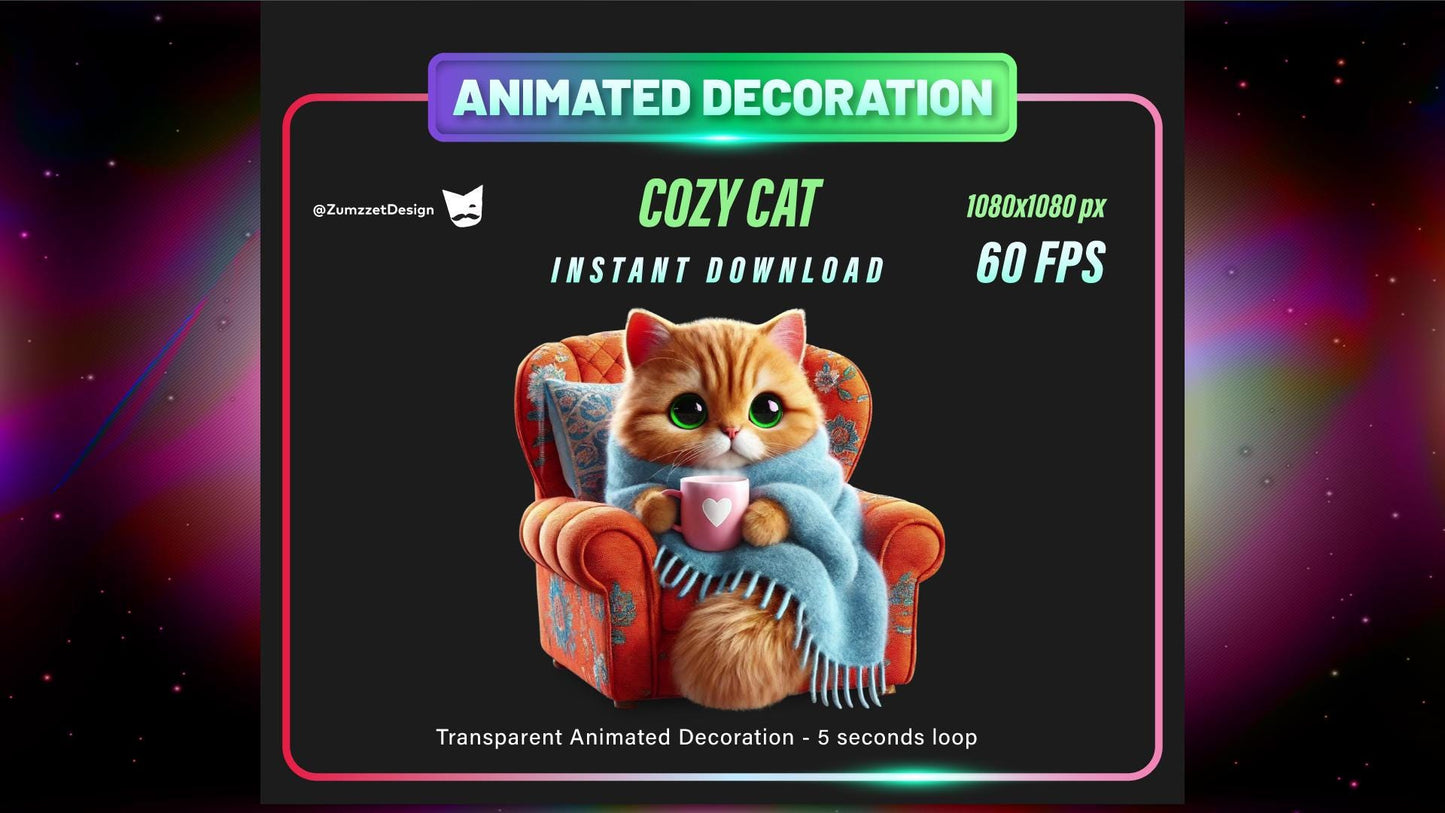 ANIMATED Cozy Reading Cat Stream Decoration, Transparent Background WEBM Seamless Loop, Ginger Cat Decoration Overlay, Streaming Assets