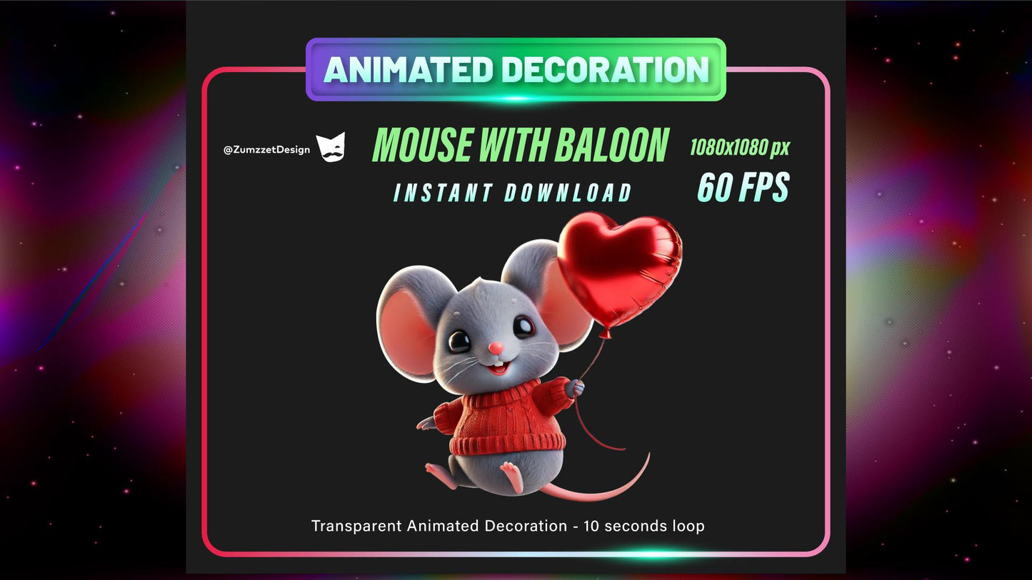 ANIMATED Decoration Mouse with Heart Balloon for Twitch, Stream Asset Love Asset Decoration, Transparent Background WEBM Seamless Loop
