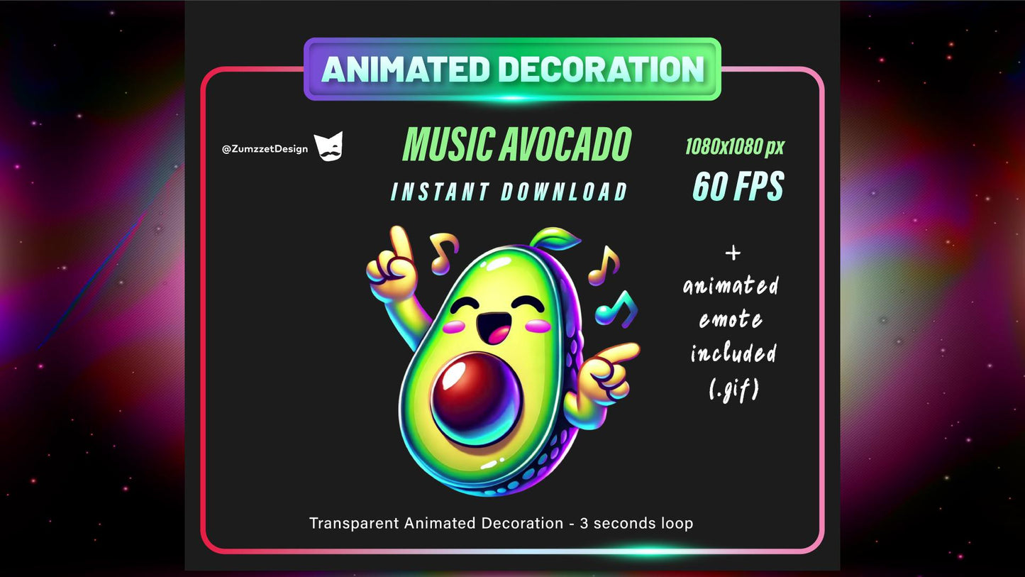 ANIMATED DECORATION and EMOTE Dancing Avocado for Twitch, Techno Emote, Stream Emotes, Glowing Emote, Music Emote, Streaming Assets