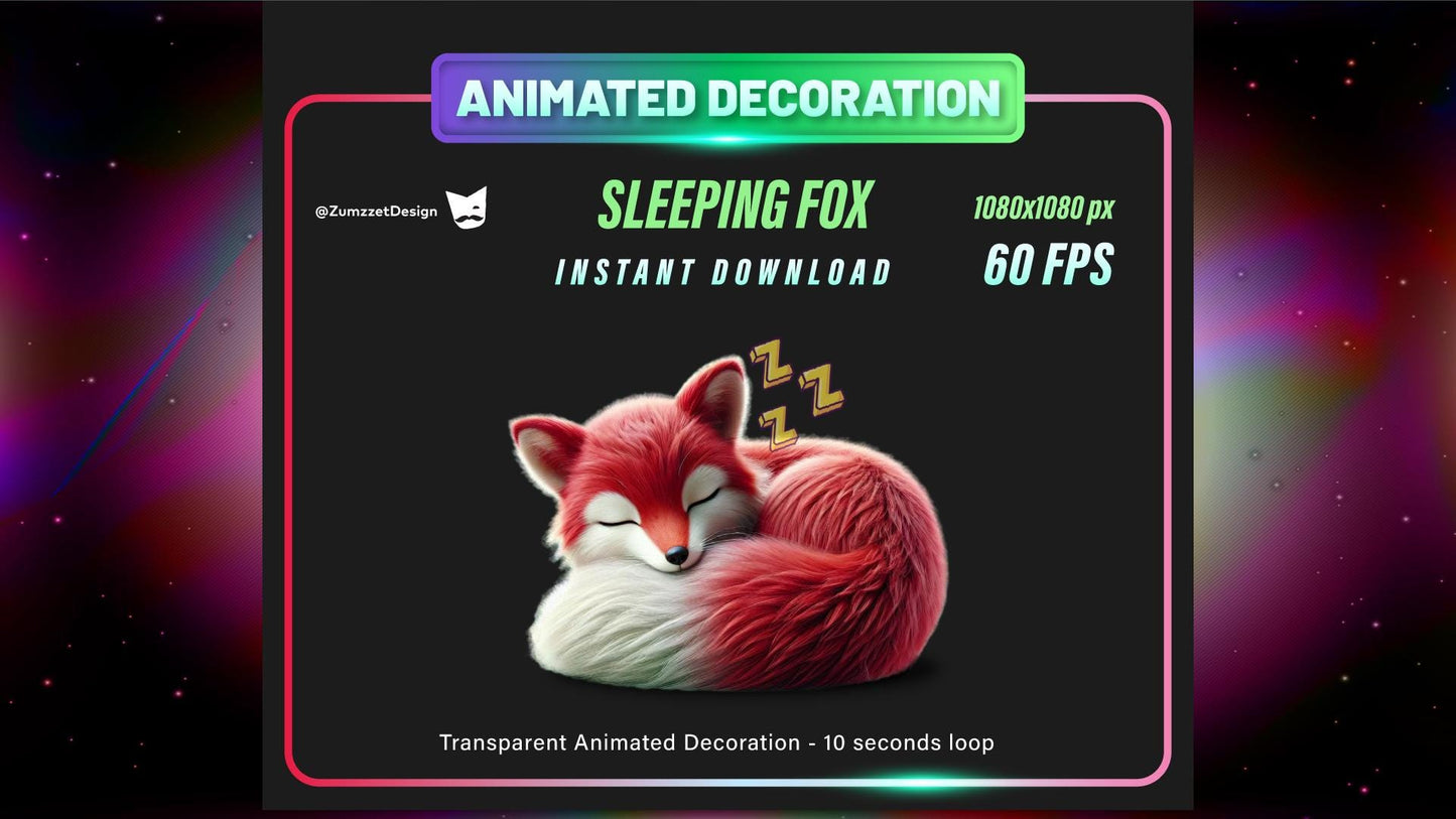 ANIMATED Cozy Cute Sleeping Fox Stream Decoration, Transparent Background WEBM Seamless Loop Twitch Decoration Overlay, Streaming Assets