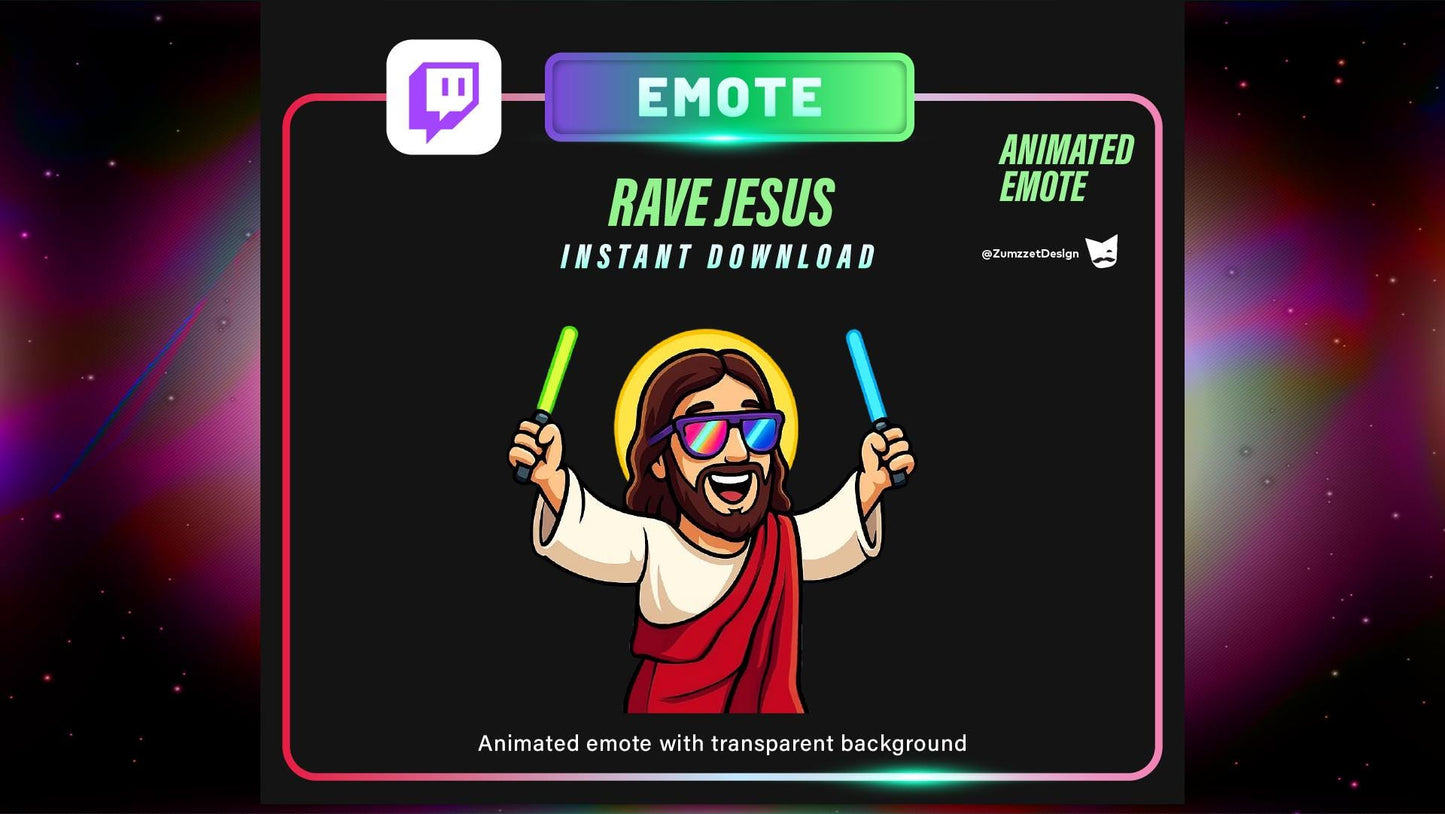 ANIMATED Dancing Rave Jesus Emote for Twitch, Glowing Sticks , Party Emote, Stream Emotes, Funny Emote, Music Emote