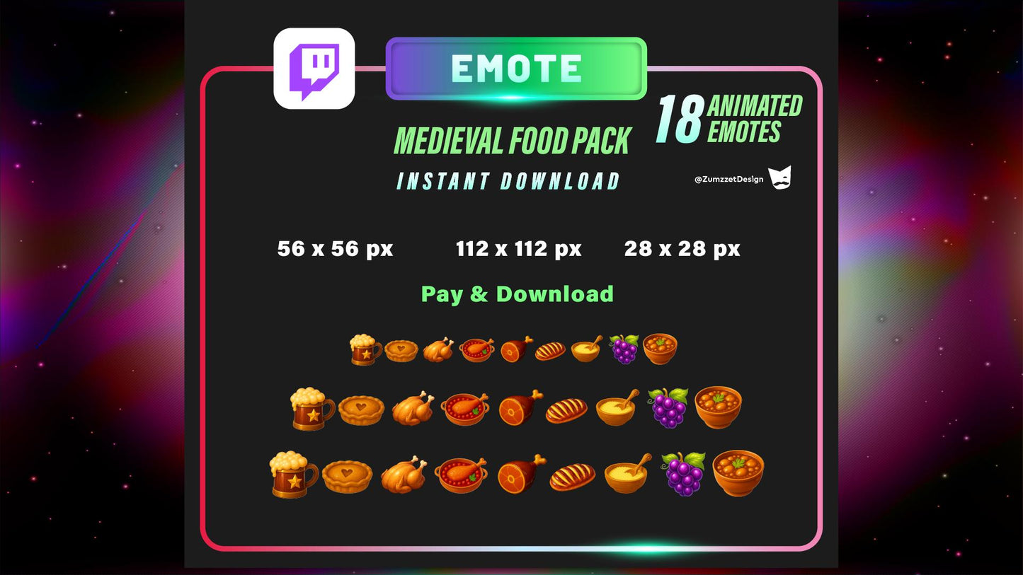 STATIC Medieval Food PACK Emote Set for Twitch, Streamer RPG, Medieval Gaming, Tavern Emotes, Stream Emotes, Cute Emotes, Food emote