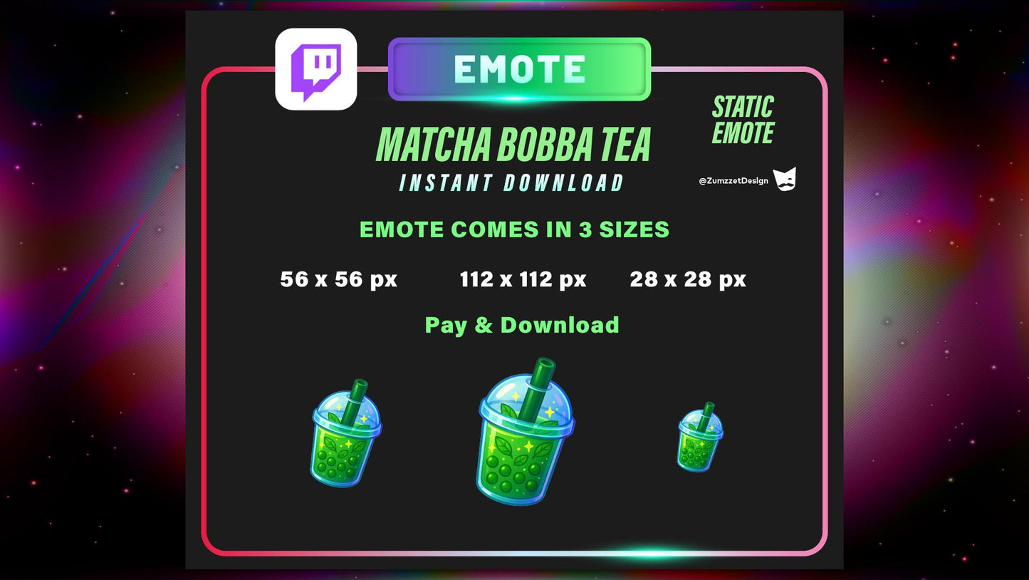 STATIC Matcha Bubble Tea Emote for Twitch, Drinks Emote, Sweets Food Emotes