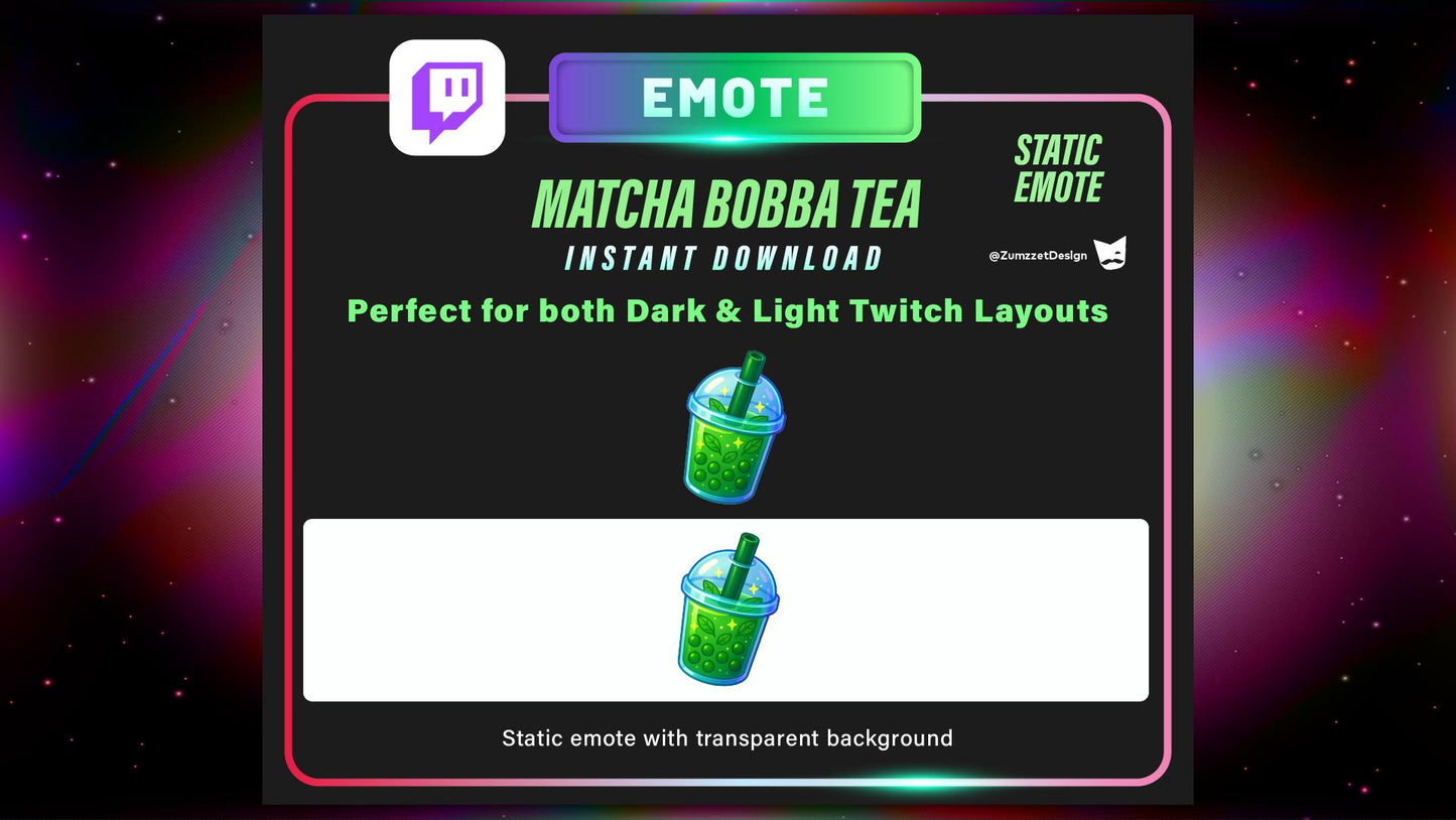 STATIC Matcha Bubble Tea Emote for Twitch, Drinks Emote, Sweets Food Emotes