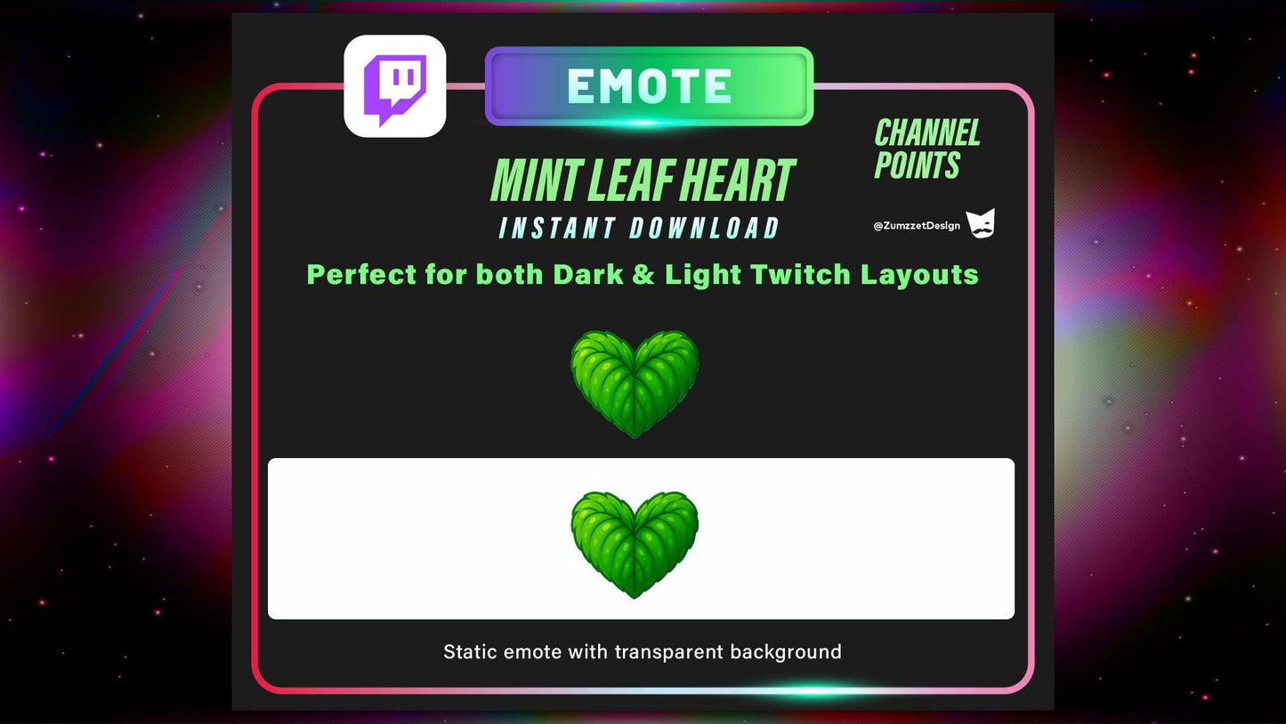 Static Mint Leaf Heart Twitch Channel Point Emote – Static PNG for Nature Vibes, Eco Love & Green Stream Themes