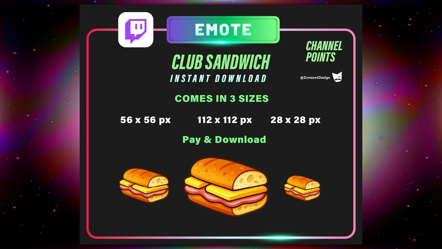 STATIC Club Sandwich Emote and Channel Point for Twitch, Streamer, Fast Food Emote