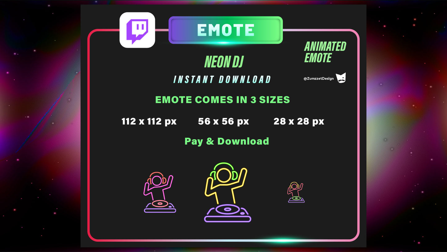 ANIMATED Neon DJ Emote for Twitch, Streamer, Gaming, Streaming, Stream Emotes, Gamer Emote, Glowing Emote