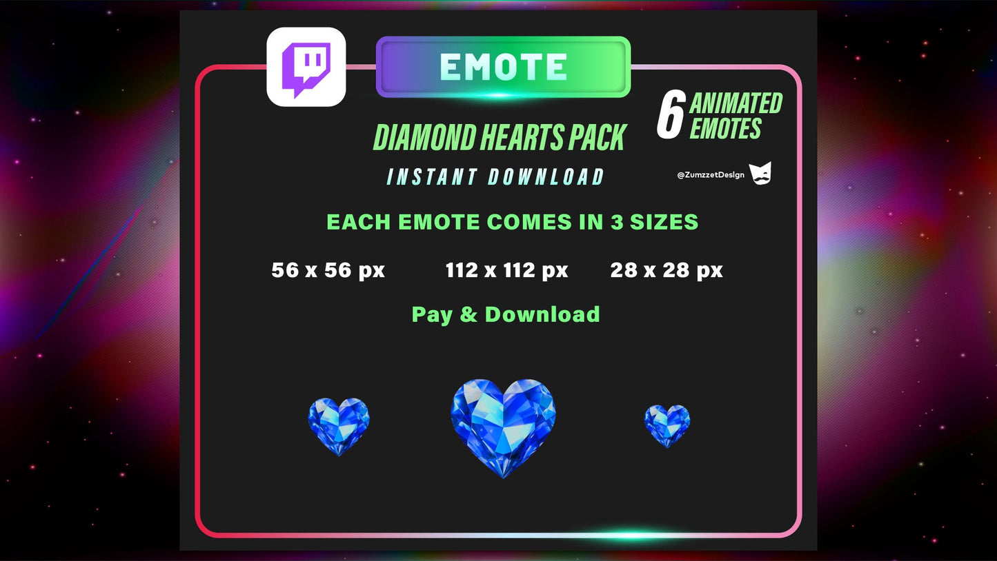 ANIMATED Diamond Heart Pack for Twitch, Streamer, Gaming, Streaming, Stream Emotes, Love Emote, Valentines Emote, Neon Emote