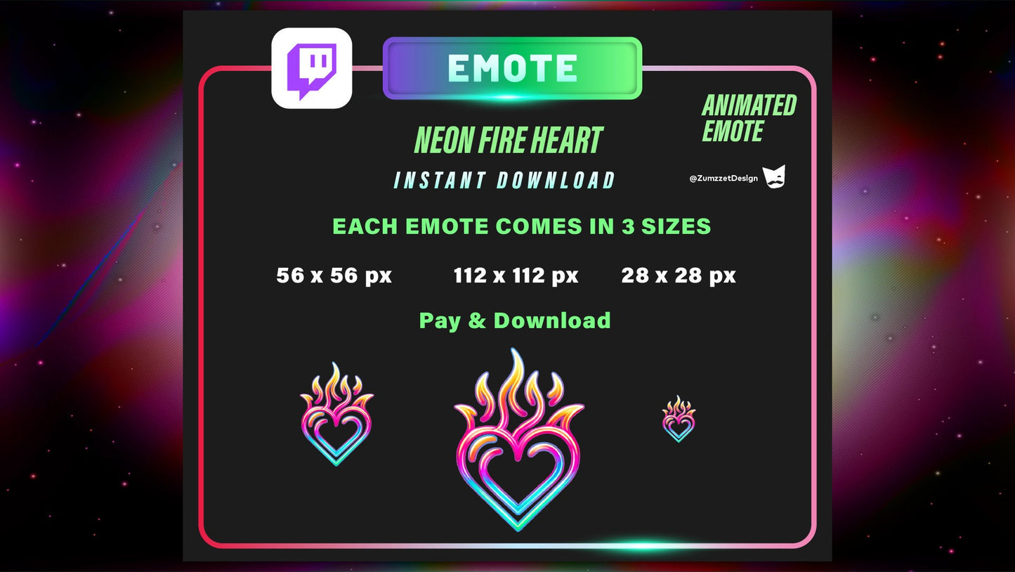 ANIMATED Neon Heart on Fire  Emote  for Twitch, Streamer, Gaming, Streaming, Stream Emotes, Love Emote