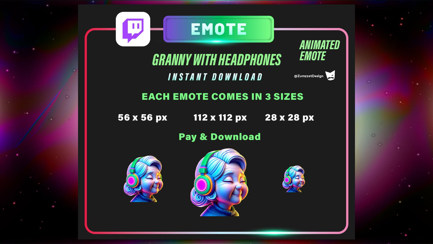 ANIMATED Headphones Granny Emote for Twitch, Streamer, Gaming, Streaming, Stream Emotes, Gamer Emote, Glowing Emote