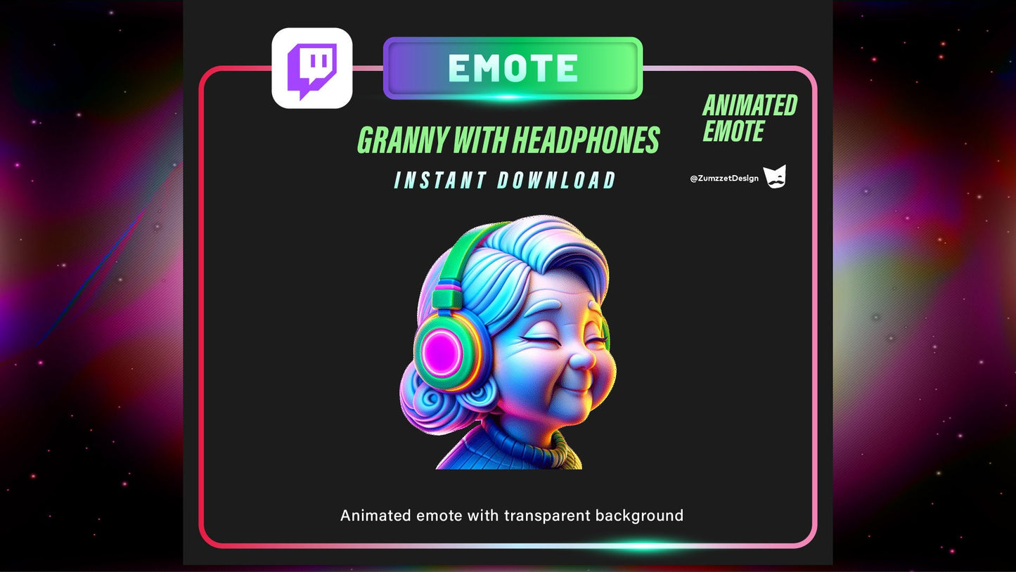 ANIMATED Headphones Granny Emote for Twitch, Streamer, Gaming, Streaming, Stream Emotes, Gamer Emote, Glowing Emote