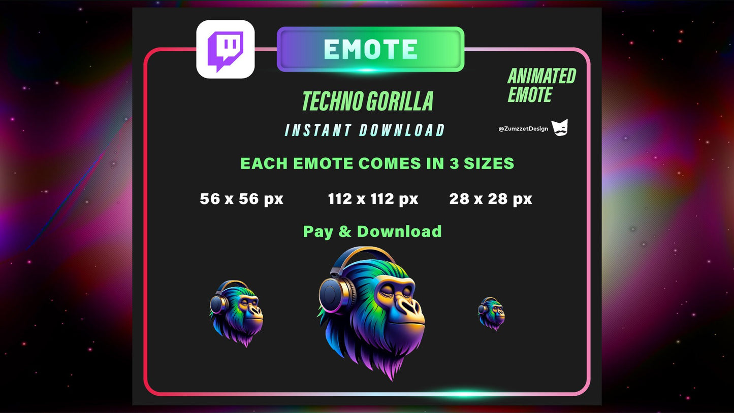 ANIMATED Techno Rave Gorilla Emote for Twitch, Streamer, Gaming, Streaming, Stream Emotes, Headphone Emote, Music Emote, Rave Emote Twitch