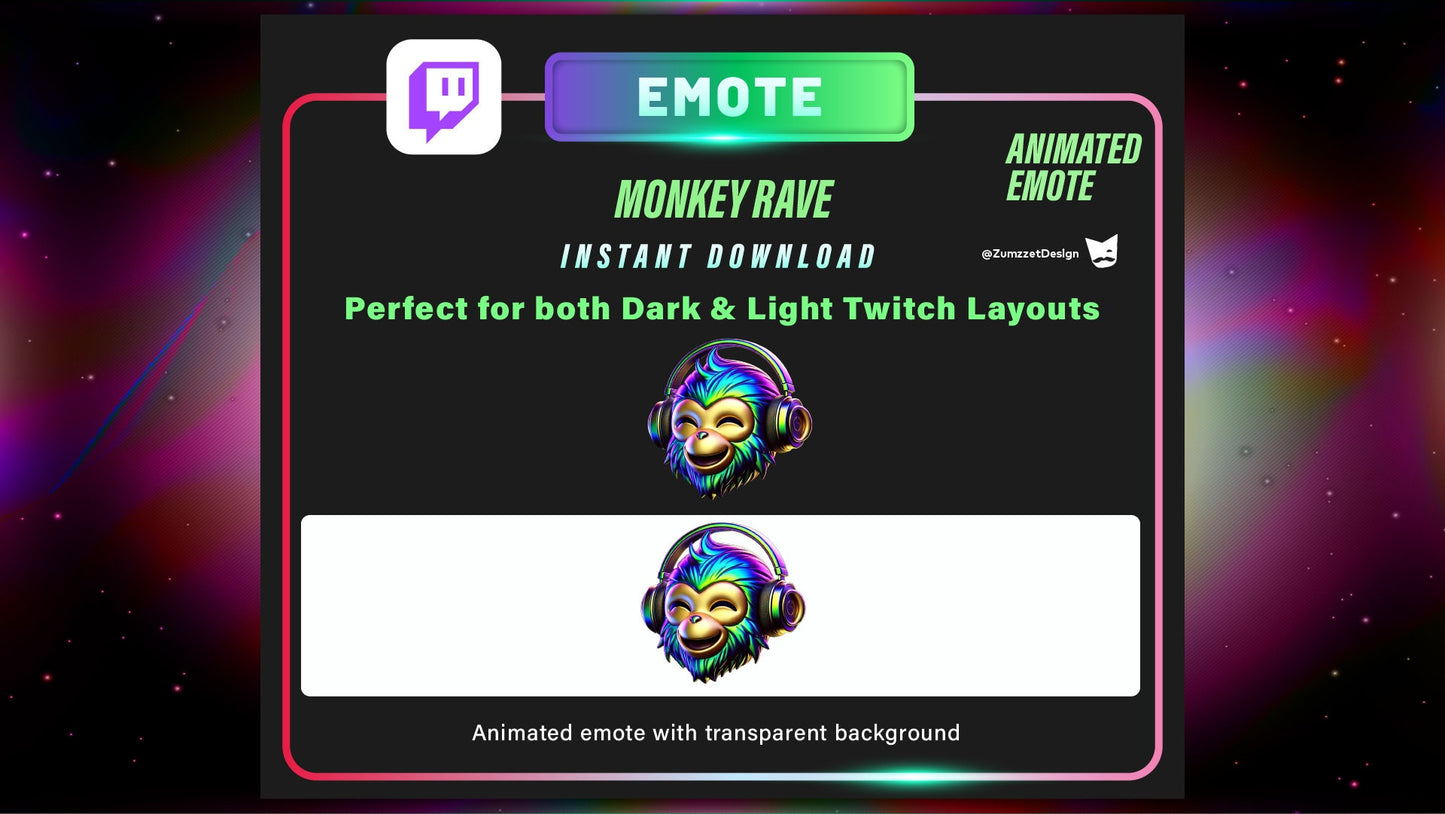 ANIMATED Techno Rave Monkey Emote for Twitch, Streamer, Gaming, Streaming, Stream Emotes, Headphone Emote, Music Emotes, Rave Emote Twitch
