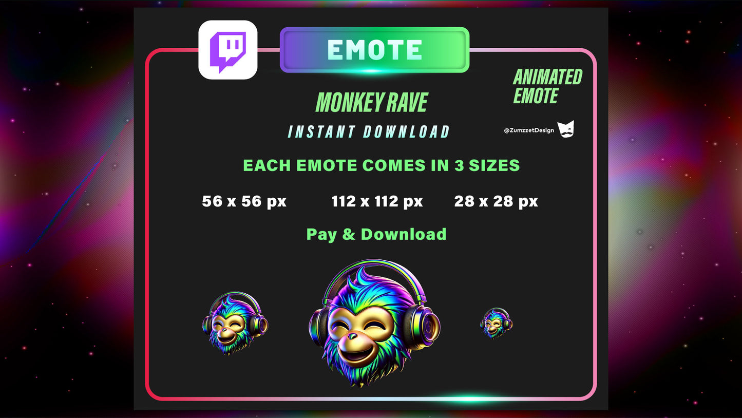 ANIMATED Techno Rave Monkey Emote for Twitch, Streamer, Gaming, Streaming, Stream Emotes, Headphone Emote, Music Emotes, Rave Emote Twitch