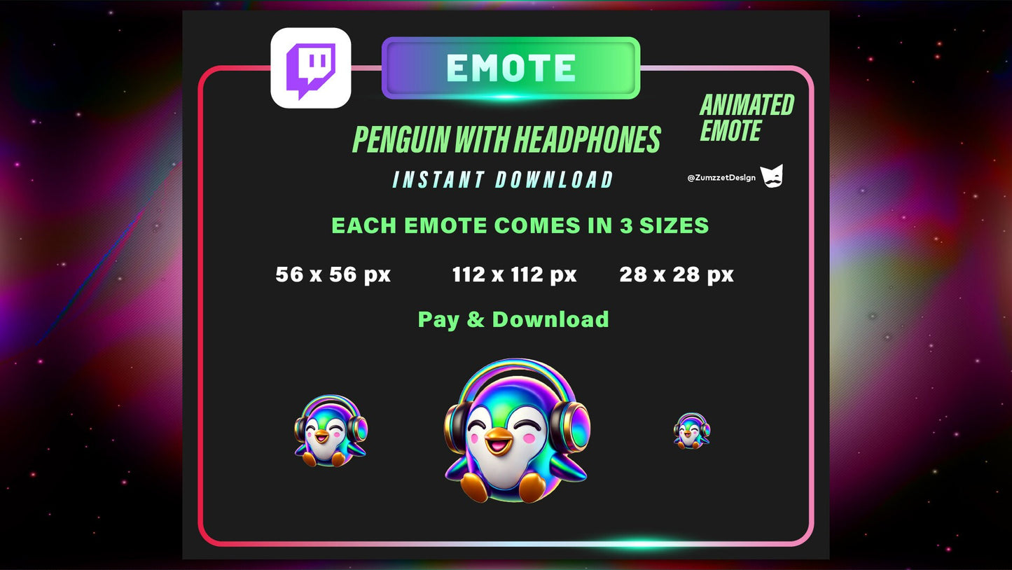 ANIMATED Techno Rave Penguin Emote for Twitch, Streamer, Gaming, Streaming, Stream Emotes, Headphone Emote, Music Emotes, Rave Emote Twitch