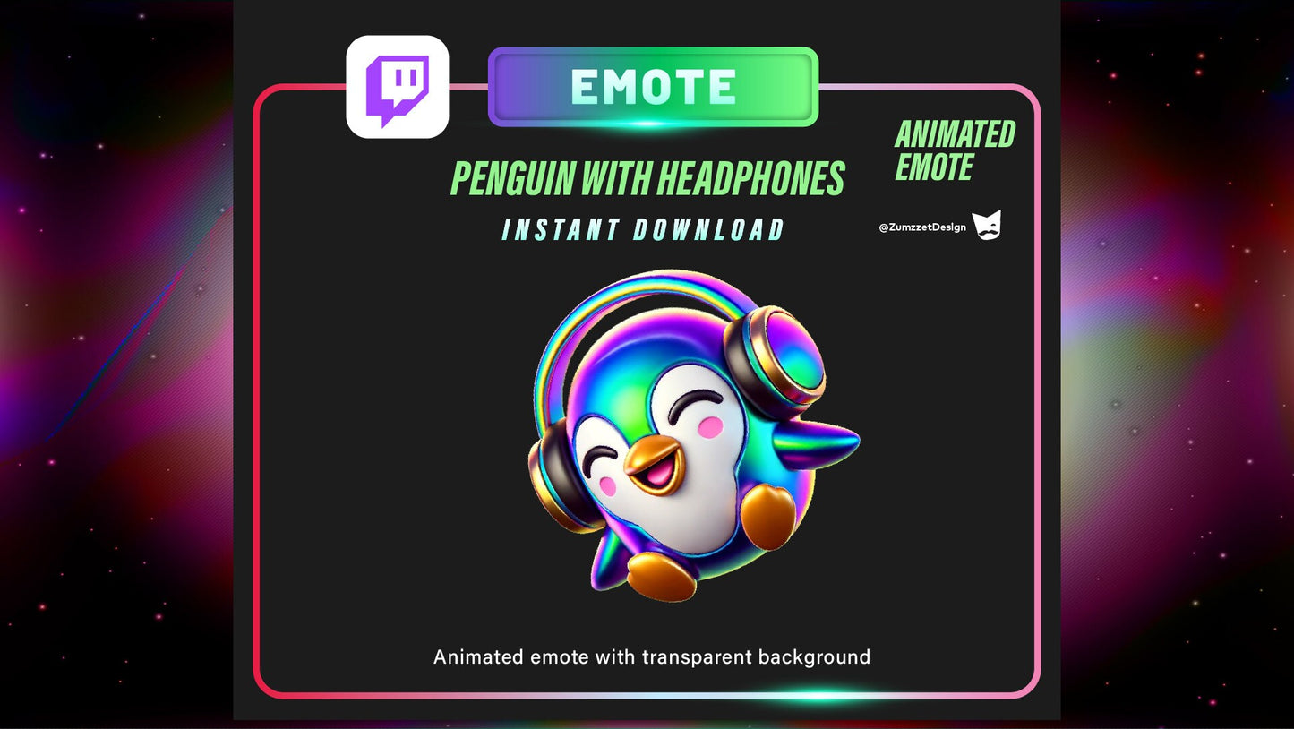 ANIMATED Techno Rave Penguin Emote for Twitch, Streamer, Gaming, Streaming, Stream Emotes, Headphone Emote, Music Emotes, Rave Emote Twitch
