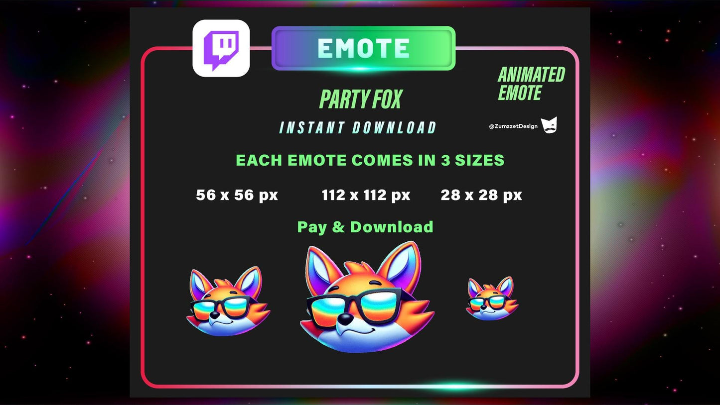 ANIMATED Techno Party Fox Emote for Twitch, Streamer, Gaming, Streaming, Stream Emotes, Fox Emote, Music Emote, Rave Emote Twitch