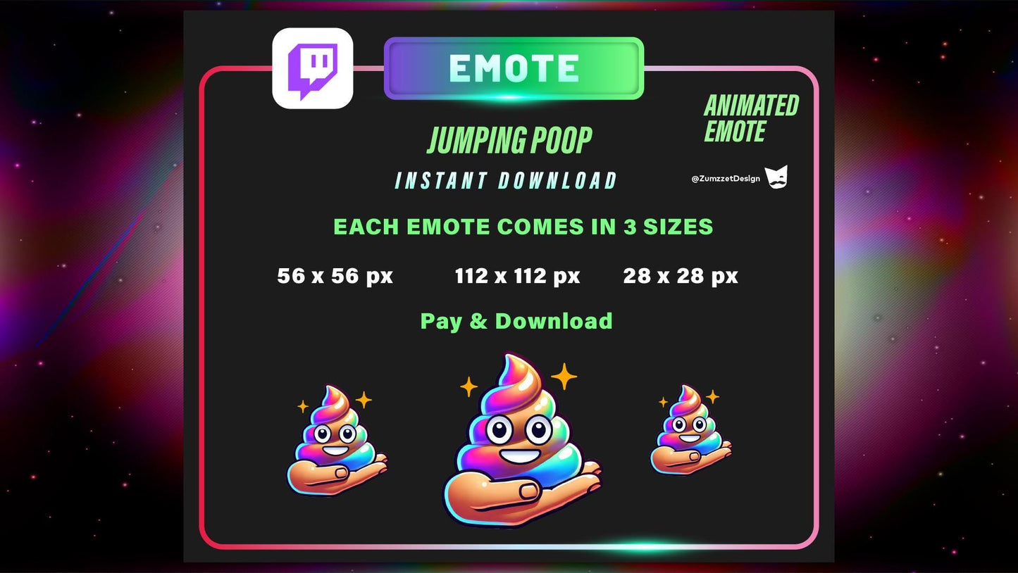 ANIMATED Iridescent Jumping Poop Emote, Cute Poop Emote for Twitch, Streamer, Gaming, Streaming, Stream Emotes, Funny Emote