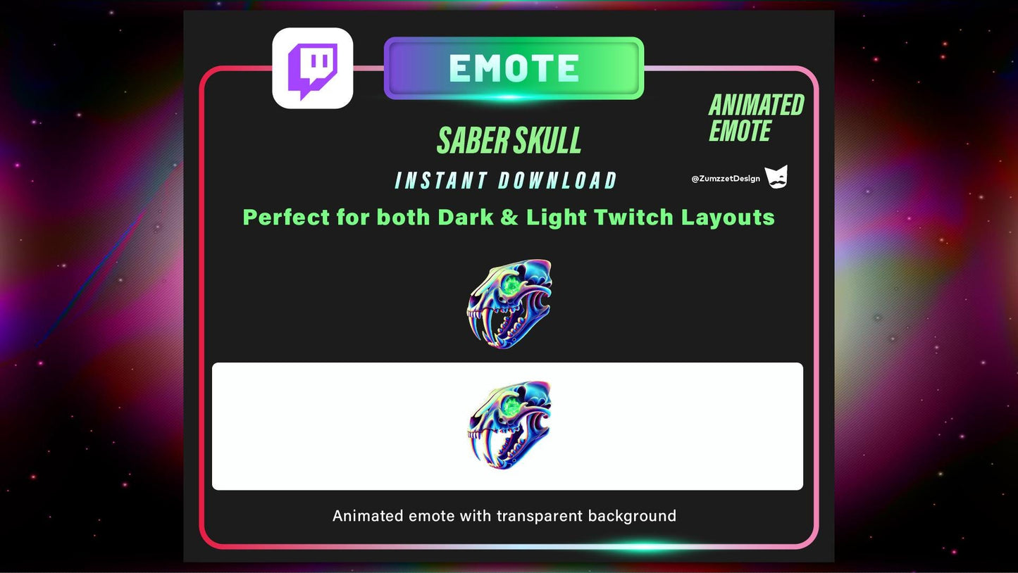 ANIMATED Saber Tooth Neon Skull Emote for Twitch, Streamer, Gaming, Streaming, Stream Emotes, Horror Emote, Skeleton Emote