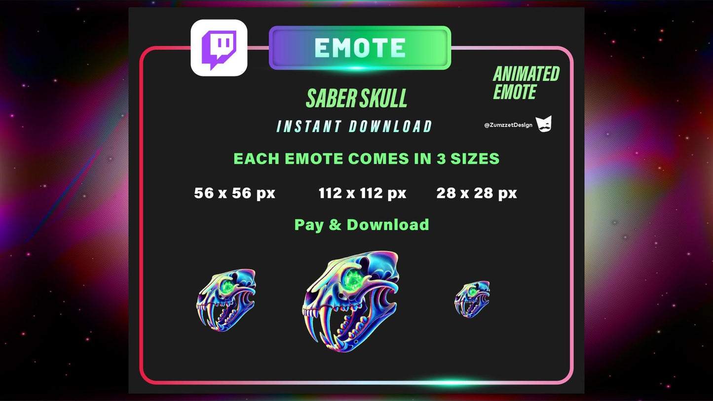 ANIMATED Saber Tooth Neon Skull Emote for Twitch, Streamer, Gaming, Streaming, Stream Emotes, Horror Emote, Skeleton Emote