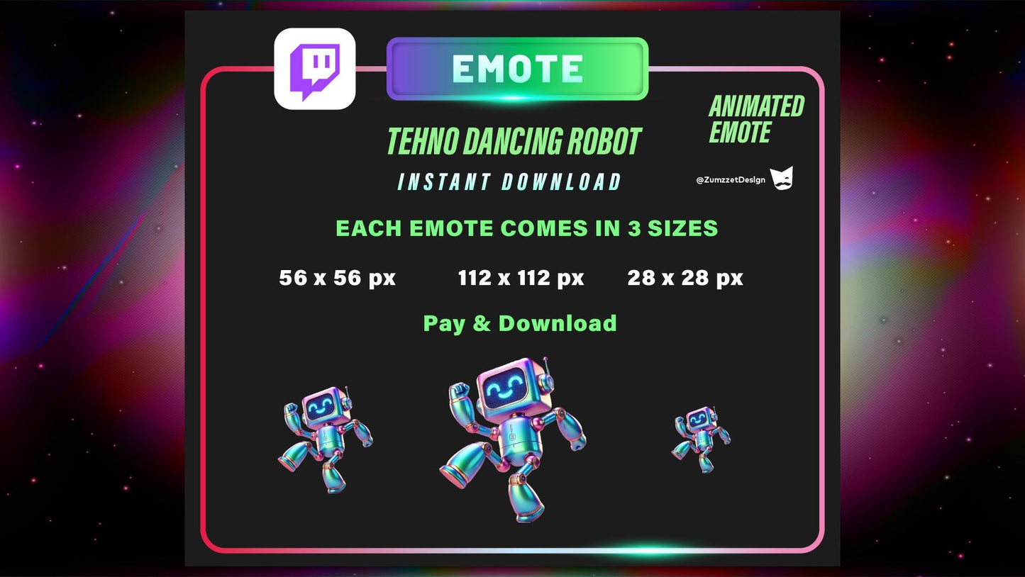 ANIMATED Neon Disco Techno Rave Robot Emote for Twitch, Streamer, Party Emote, Streaming, Stream Emotes, Glowing Emote, Dancing Emote