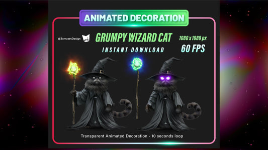 ANIMATED Grumpy Wizard Cat Decoration, Streamer Emotes, Cat Stream, Streaming, Stream Emotes, Halloween Emote, Spooky Emote