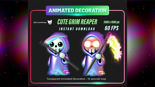 ANIMATED Cute Grim Reaper Stream Decoration, Spooky Halloween Decoration, Vtuber Decoration Overlay, Streaming Assets, Skeleton Stream Asset