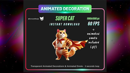 ANIMATED DECORATION and Emote Super Hero Cat Stream, Transparent Background WEBM Seamless Loop Overlay, Streaming Assets